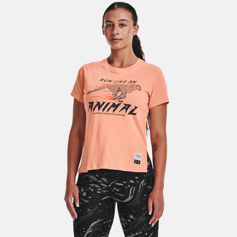 Camiseta Under Armour Run like an Animal para mujer Bubble Peach / Dark Tangerine / Downpour Gris XS
